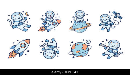 Cute cartoon cats in space set with rockets and planets outer space suit Stock Vector