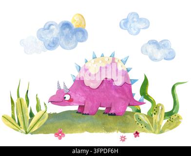 Cute watercolor pink stegosaurus dinosaur character on green grass with fluffy clouds, sun and tropical plants isolated on white background for baby s Stock Photo