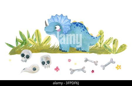 Cute watercolor blue triceratops dinosaur standing on green grass with prehistoric skulls, bones and flowers isolated on white background for children Stock Photo
