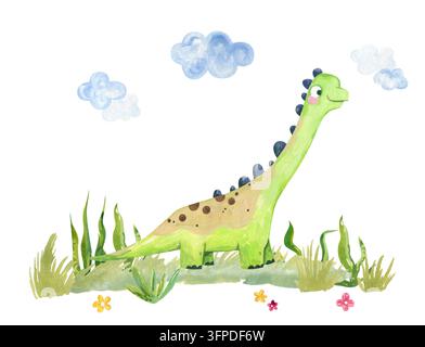 Cute watercolor green long neck diplodocus dinosaur standing on green grass with tropical plants and blue clouds isolated on white background for kids Stock Photo