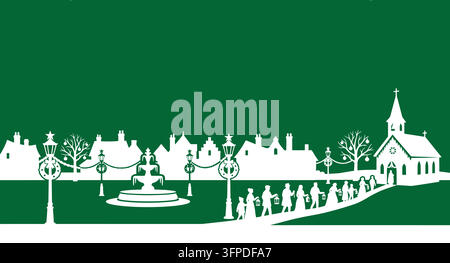 Christmas carolers walking to a church in a festive snowy village with carolers Stock Vector