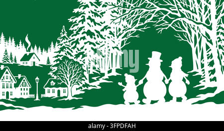 Winter landscape scene with snowmen family in a festive snowy village Stock Vector
