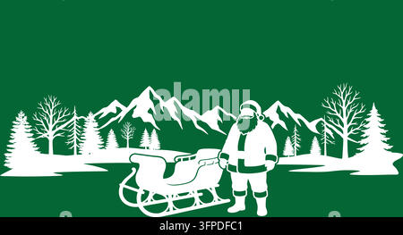 Santa claus with sleigh in mountainous winter landscape silhouette Stock Vector
