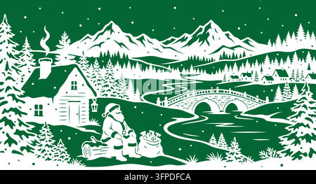 Santa claus sitting by a cozy cabin in a snowy mountain winter landscape Stock Vector