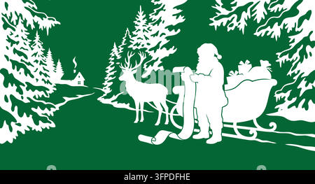 Santa claus silhouette with reindeer and sleigh in snowy forest landscape Stock Vector
