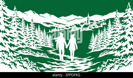 Silhouette illustration of a couple walking through a snowy mountain forest Stock Vector
