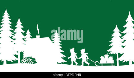 Winter landscape silhouette with children pulling a sled past a house and trees Stock Vector