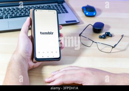 Hand holding a smartphone with the Tumblr app logo. Stock Photo