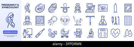 Gynecology line icon set. Pregnant woman, pregnancy ultrasound test, newborn baby neonatologist, ivf linear minimal vector illustration. Simple Stock Vector