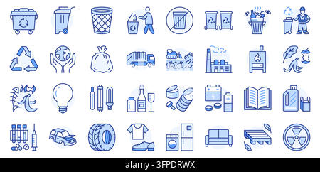 Garbage recycle line icon set. Trash bin, waste collection truck, plastic bag, factory, compost, rubbish type, landfill linear vector illustration Stock Vector