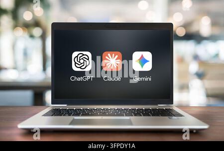 ChatGPT, Claude and Gemini AI Tools displayed on Laptop Stock Photo