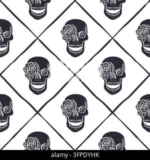 Seamless pattern with hand drawn black and white human skulls inside trellis Stock Vector