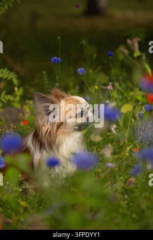 Cute long-haired chihuahua dog sitting in a summer meadow surrounded by colorful wildflowers Stock Photo