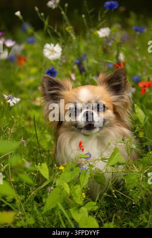 Cute long-haired chihuahua dog sitting in a summer meadow surrounded by colorful wildflowers Stock Photo