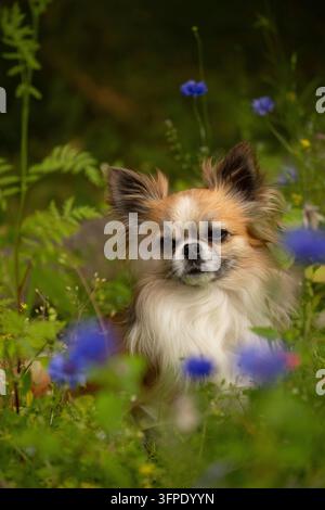 Cute long-haired chihuahua dog sitting in a summer meadow surrounded by colorful wildflowers Stock Photo