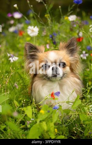 Cute long-haired chihuahua dog sitting in a summer meadow surrounded by colorful wildflowers Stock Photo