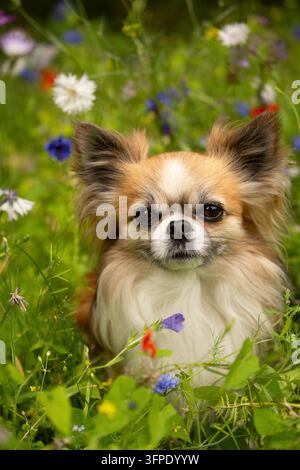 Cute long-haired chihuahua dog sitting in a summer meadow surrounded by colorful wildflowers Stock Photo