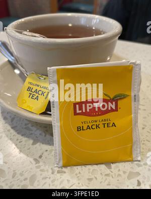 Close up of a cup of hot  Lipton tea on a restaurant diner table, 2026, NYC, USA Stock Photo