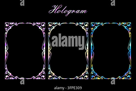 Vibrant Art Nouveau-style frame set with holographic gradients, iridescent colors, metallic shine, and flowing curves on a black background. Ideal for Stock Vector