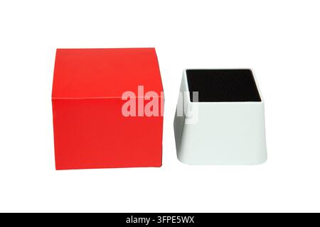 Red and white open rectangular containers isolated on a white background Stock Photo