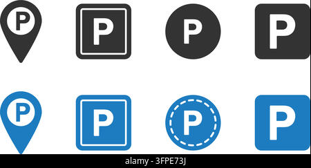 Minimalist parking icon set featuring letter P sign symbols in black and blue, location pin pointers, square and circle vector graphics Stock Vector