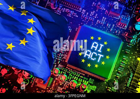 Computer circuit board with the EU flag and the words "AI Act, " stock photo of the EU AI Act, photomontage Stock Photo