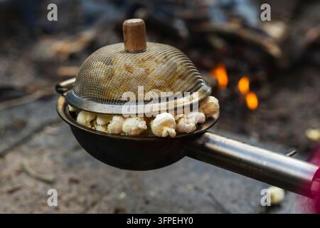 Popcorn made in a popcorn maker, fresh from the campfire burning in the background. Stock Photo