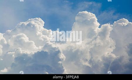 Towering white cumulus clouds against a deep blue sky, forming dramatic billowing shapes illuminated by sunlight. Stock Photo