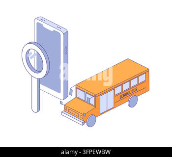 School bus route tracking app. Isometric illustration of bus, phone, and large magnifying glass. Stock Vector