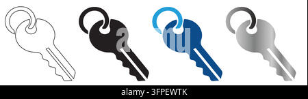 Set of four key icons in different styles including outline solid black blue and gradient silver arranged horizontally with All keys depicted circular Stock Vector