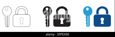 Set of lock and key icons in outline silhouette with presented side side against clean white background displays three distinct icon sets padlock key Stock Vector