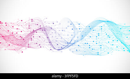 Abstract blue technology background with glowing circuit line pattern. Futuristic vector motherboard texture elements and digital data flow. Modern Stock Vector