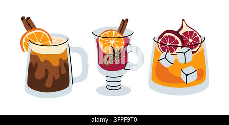 Autumn drinks hand drawn vector set with mulled wine and cocktail for seasonal menu design Stock Vector