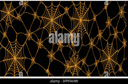 Spooky orange spider web pattern on black background for Halloween holiday design Stock Vector
