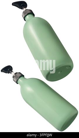 green plastic pump bottles isolated white background, blank cosmetic containers with black dispensers, shampoo or conditioner packaging mock-up Stock Photo