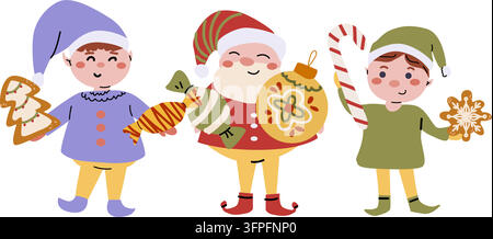Cute christmas elves set with candy cane, gingerbreads, ornaments and sweets. Vector illustration in cartoon flat style. Stock Vector