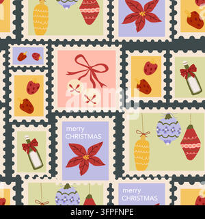 Whimsical Christmas postage stamp seamless pattern with wine bottle, poinsettia, festive bows and ornaments on a dark background. Cute flat cartoon style for holiday packaging and textiles. Stock Vector