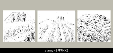 Vineyard fields vector set in vintage linear sketch style. Hand drawn vector illustration isolated. Ink pencil art of rustic fields. For posters. cards. labels and menu background. Stock Vector