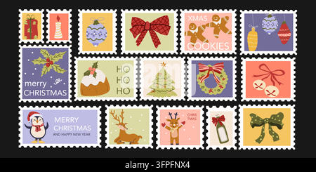 Set of Christmas Mail postmarks in vintage style. Hand drawn xmas reindeer, penguin, gift box, spruce tree, christmas gingerbreads, ornaments. Christmas stamps set. Xmas postage sticker set. Stock Vector