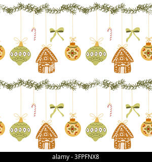 Charming Christmas pattern featuring playful bows, festive ornaments and decorated gingerbread cookies on a clean white background. Colorful whimsical flat design for textiles and holiday packaging Stock Vector