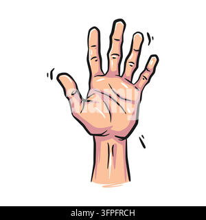 Detailed comic style vector illustration of a human hand with an open palm and spread fingers, featuring bold outlines, retro shading, and motion line Stock Vector