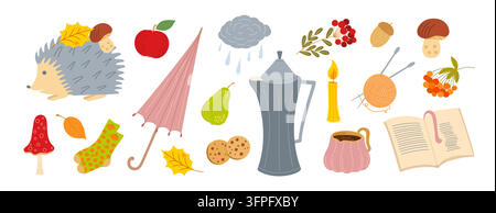 Cozy autumn colorful collection of cute hand drawn elements such as hedgehog, leaves, mushrooms, book, coffee pot, berries, candle, socks, umbrella, hot tea, sweet treats for a comforting fall decor Stock Vector