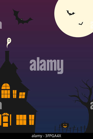 Halloween vertical background banner with haunted house full moon and bats. Black silhouette illustration. Night scene template for web header, poster Stock Vector