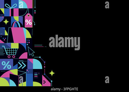 Cyber Monday Background with Neon Shopping Icons, Gift Boxes, Discounts, and Cart Symbols on Black Background with Copy Space Creating E-Commerce Sale Stock Vector