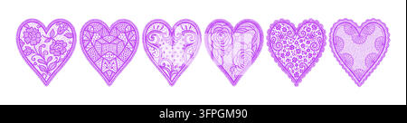 Vintage Floral Purple Lace Hearts Set, Halftone Dither Grunge Texture Vector Illustration Stock Vector