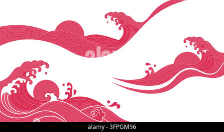 Japanese Sea Waves and Rising Sun Asian Vector Illustration in Traditional Red Halftone and Dither Style Stock Vector