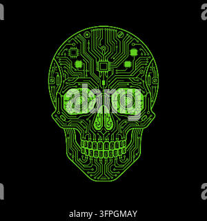 Green Cyber Security Skull Icon in Matrix Vector with Halftone Dither and Circuit Board Texture Stock Vector
