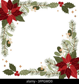 Hand-drawn Christmas decorative floral frame, border made of poinsettia, mistletoe, holly berry for greeting cards, holiday banner Stock Vector