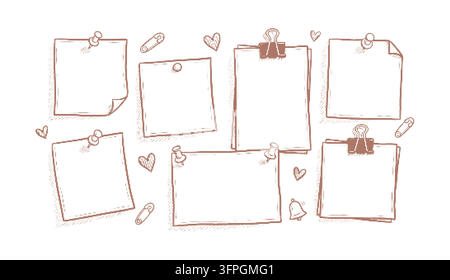 Halftone Dither Note Papers Set with Pins Clips and Heart Elements Vector Vintage Grunge Halftone Sticky Notes Frame Collection Vector Illustration Stock Vector