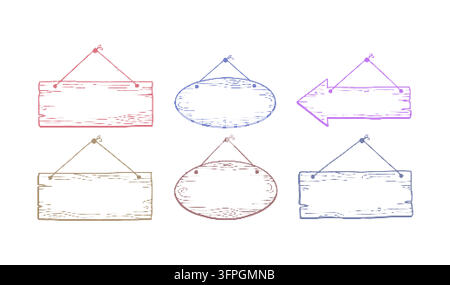 1. Set of Blank Wooden Hanging Signs in Halftone Dither Style Vintage Arrow and Oval Banners Frame Vectors Stock Vector
